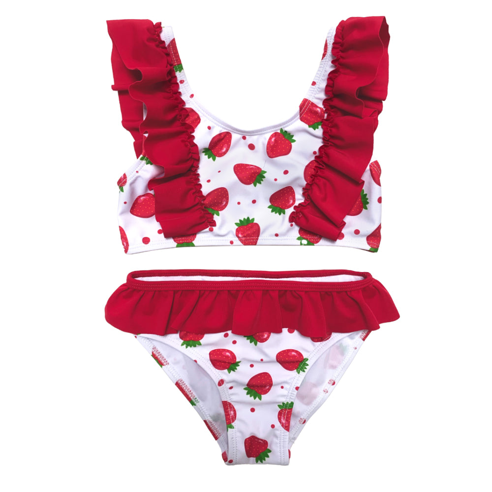 Girls Two Pieces Swimwear Strawberry Print Kids Swimming Red Beach Wear Swimsuit