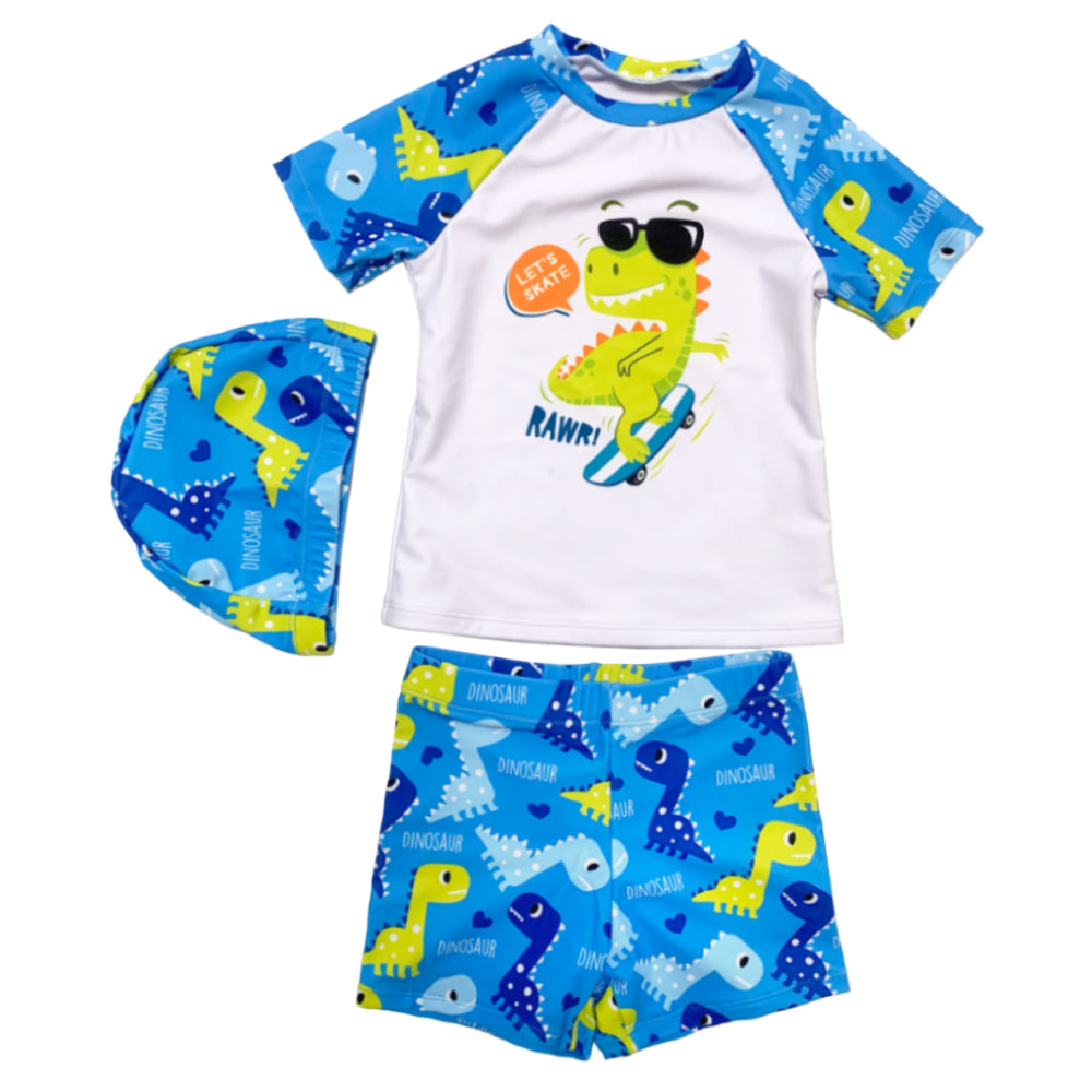 Boys Swim Wear Custom Kids Cartoon Swimming Short Sleeve Rash Vest Three Piece Set of Beach Wear Swimwear