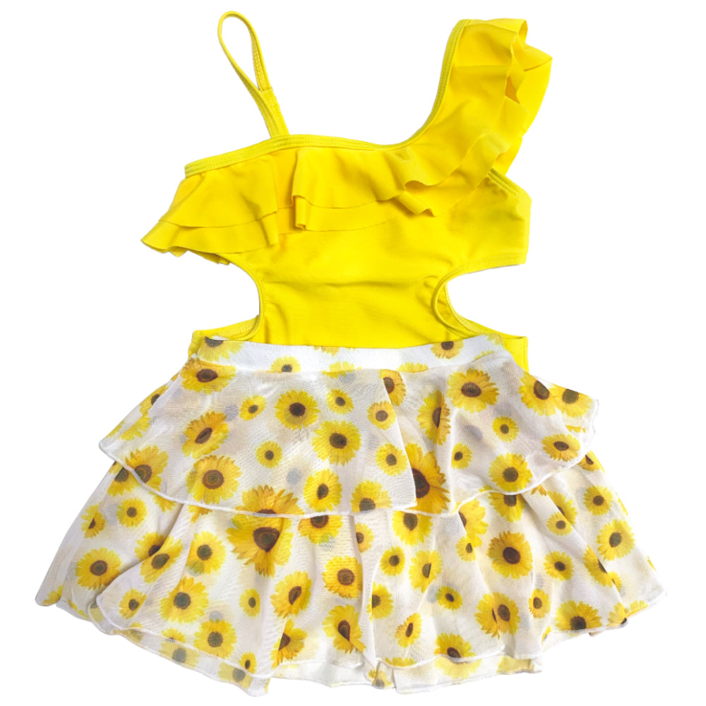 Girls Two Pieces SwimWear With Cover Up Kids Floral Swim Suit Yellow Sunflower Beach Wear