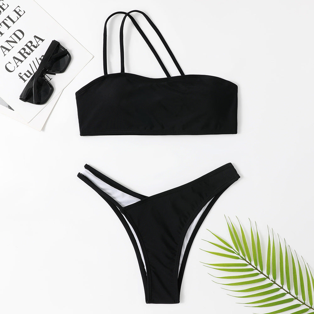 Women One Shoulder Swimwear Two Pieces Solid Color Bikini Set