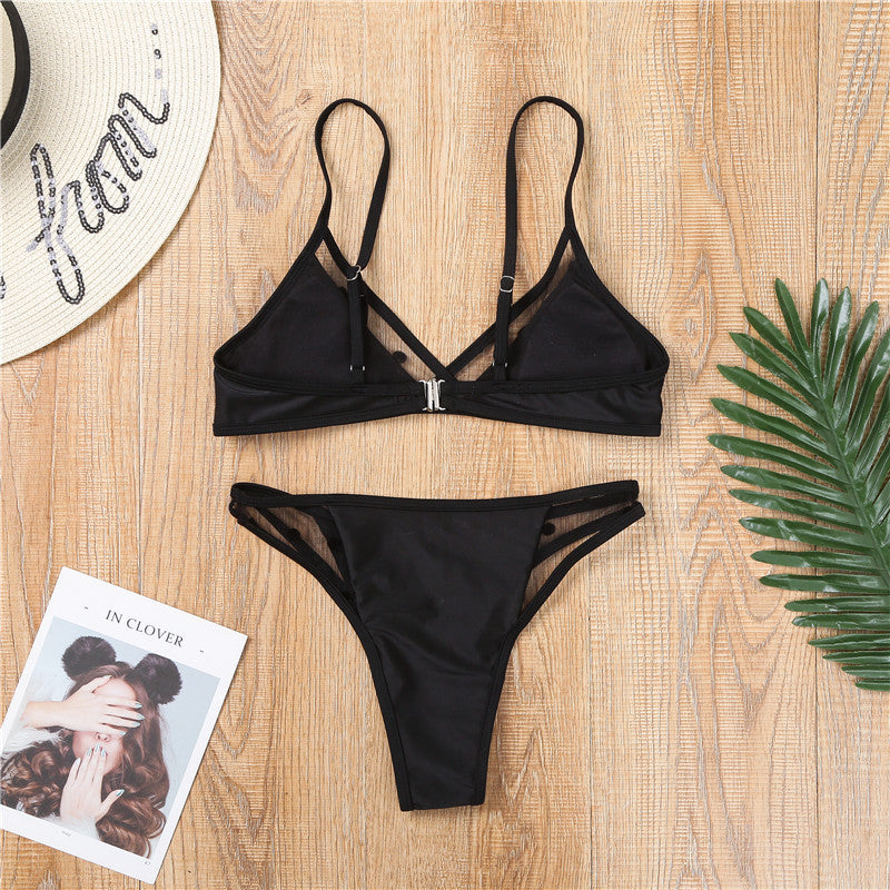 2 Pieces Sexy Bikini Set Mid Waist Mesh Hollow Bikini Bathing Suit