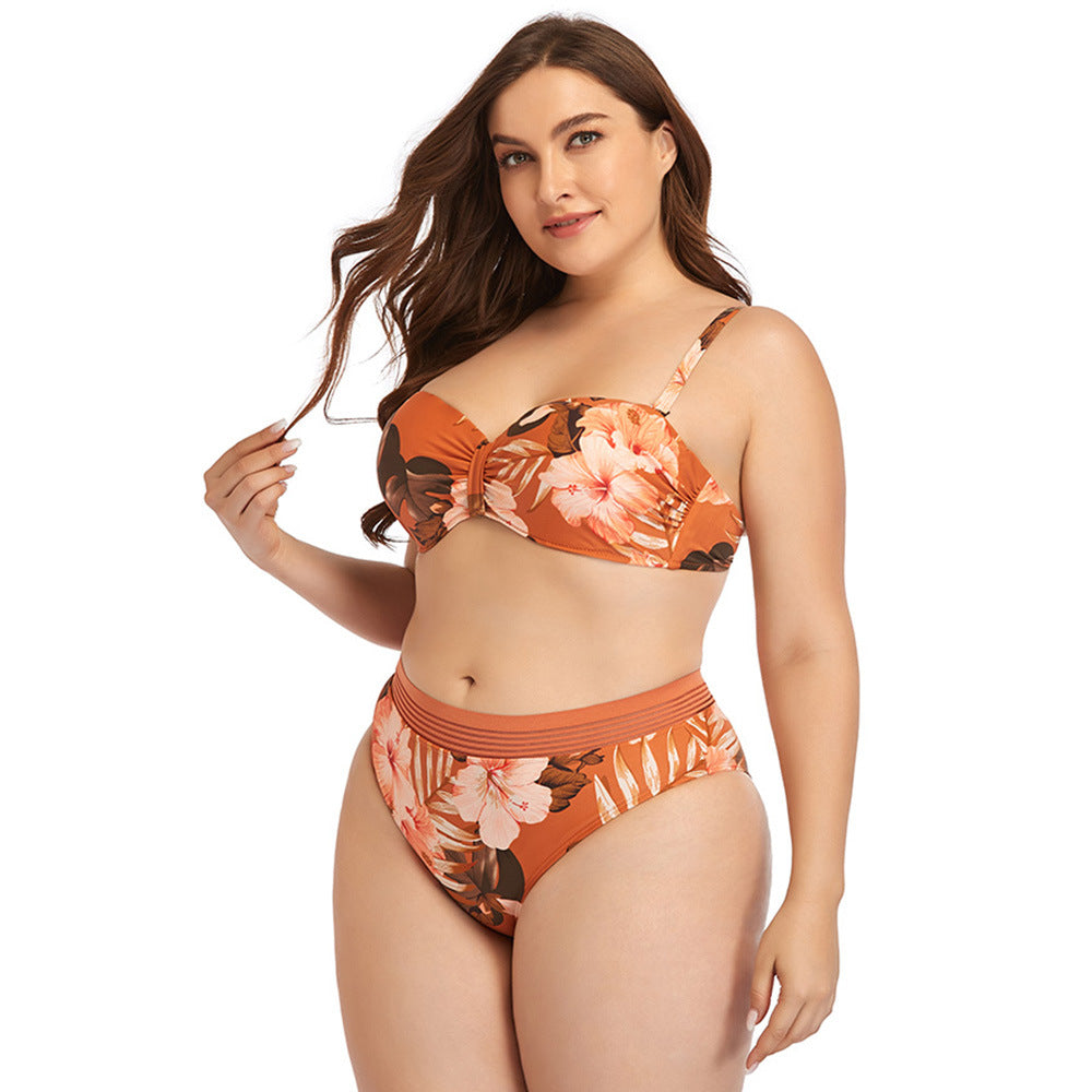 Two Pieces floral print beach swimwear Plus Size High Waisted Swimsuit