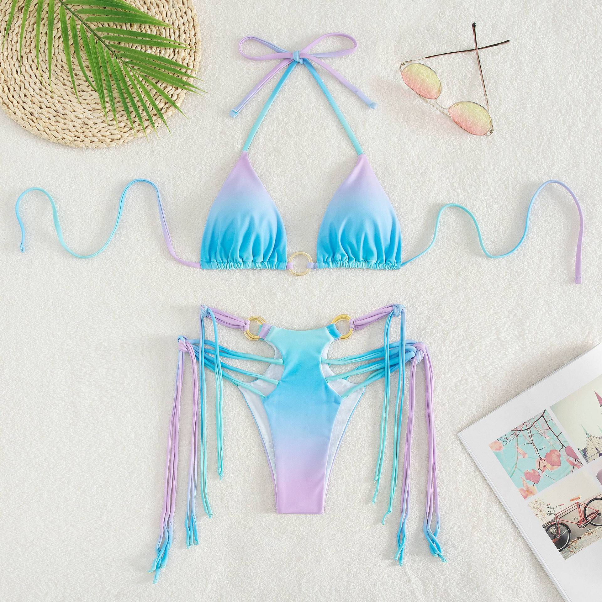 Two-Piece Sexy Print Tassels Lace Up Swimsuit