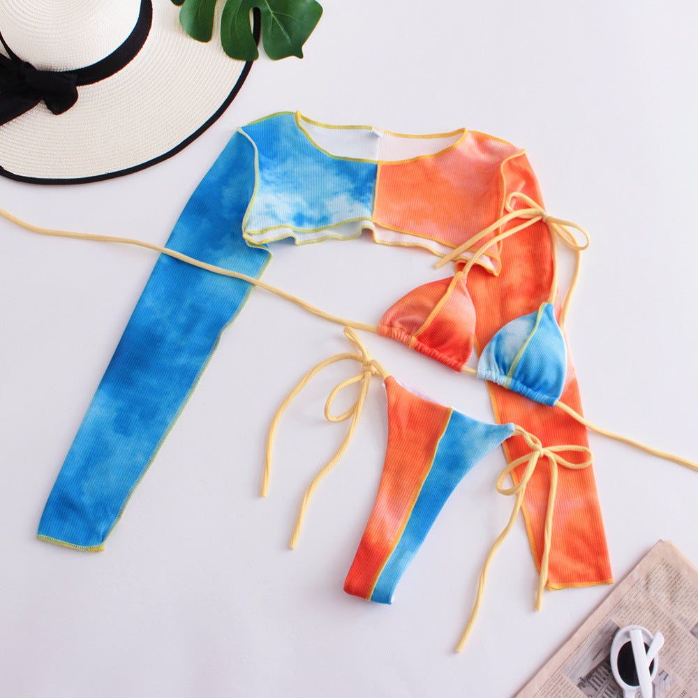 Three-piece Long-sleeved Mini Micro Bikini Split Color Stitching Strap For Women