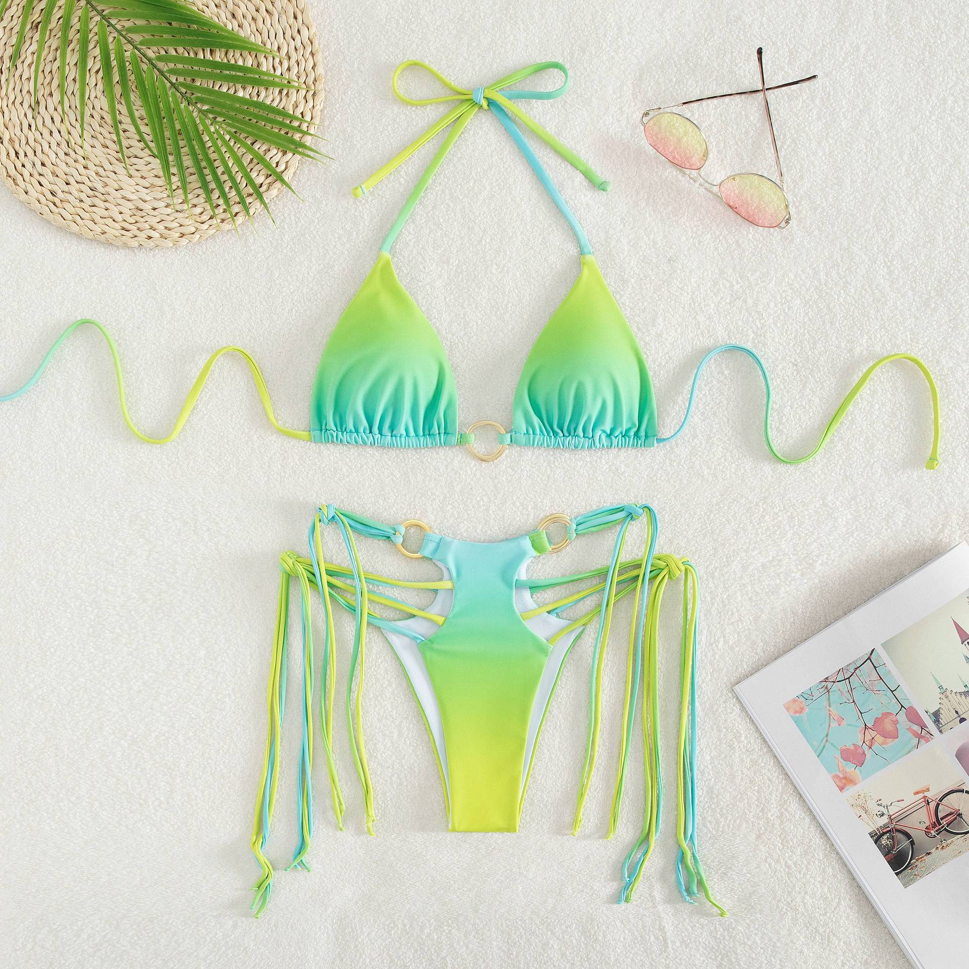 Two-Piece Sexy Print Tassels Lace Up Swimsuit