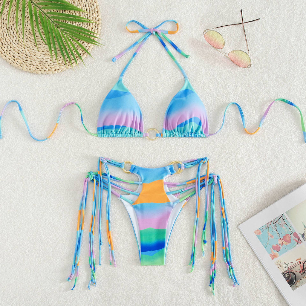 Two-Piece Sexy Print Tassels Lace Up Swimsuit