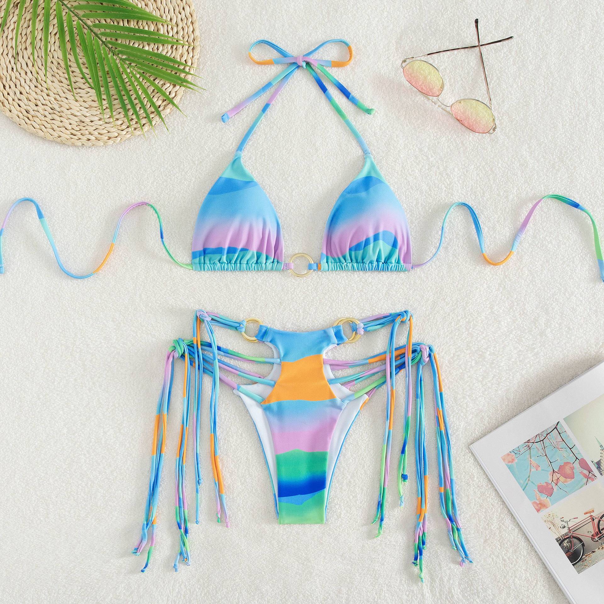 Two-Piece Sexy Print Tassels Lace Up Swimsuit