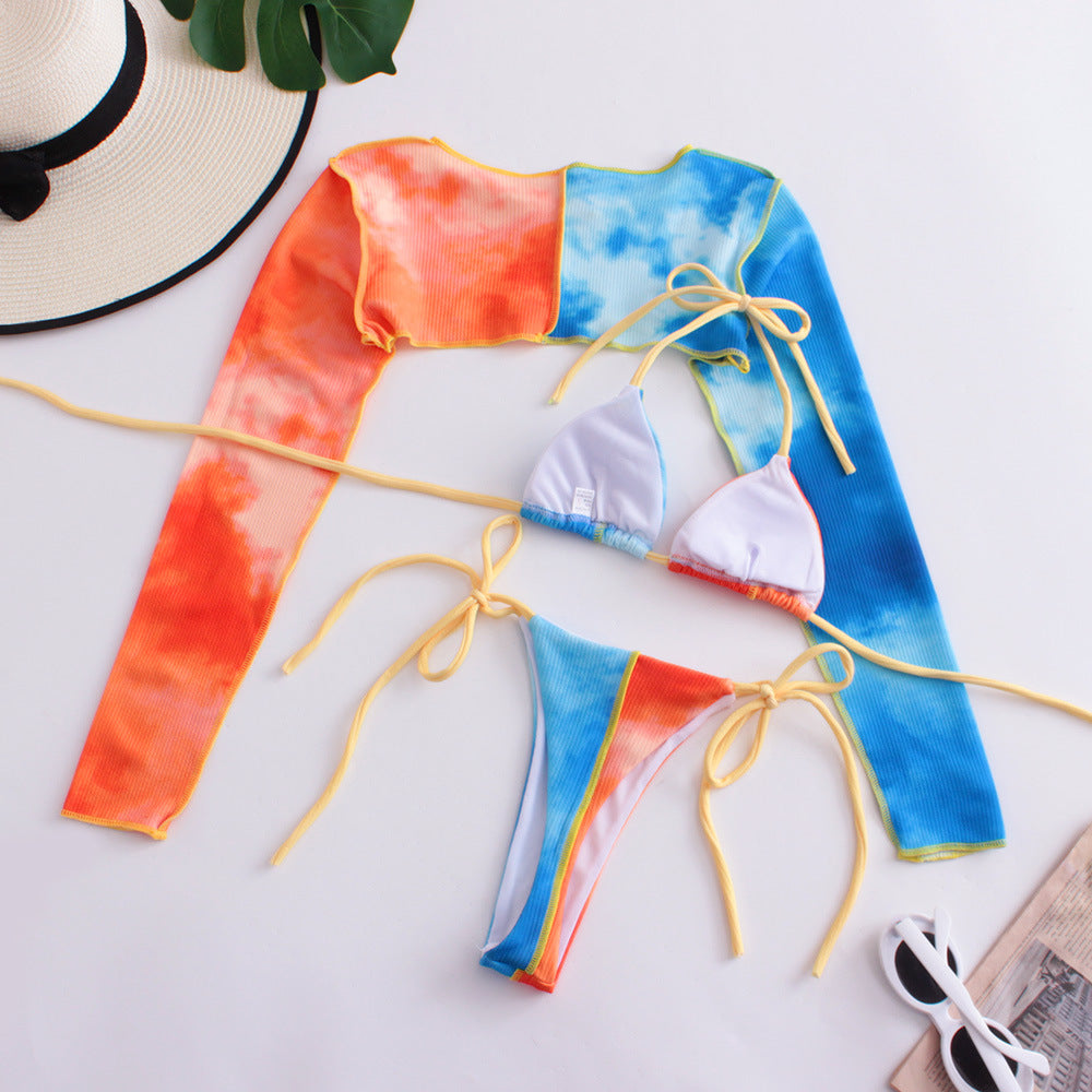 Three-piece Long-sleeved Mini Micro Bikini Split Color Stitching Strap For Women