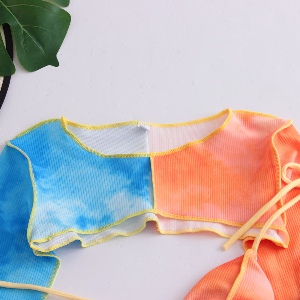 Three-piece Long-sleeved Mini Micro Bikini Split Color Stitching Strap For Women