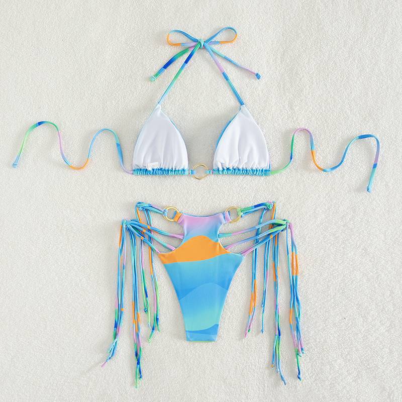 Two-Piece Sexy Print Tassels Lace Up Swimsuit