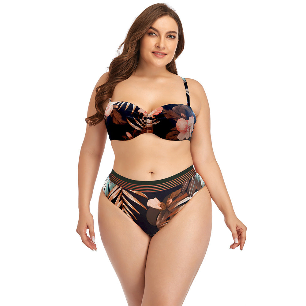 Two Pieces floral print beach swimwear Plus Size High Waisted Swimsuit