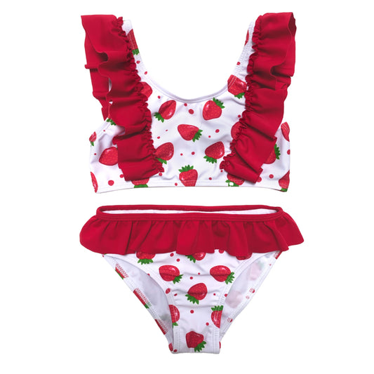 Girls Two Pieces Swimwear Strawberry Print Kids Swimming Red Beach Wear Swimsuit