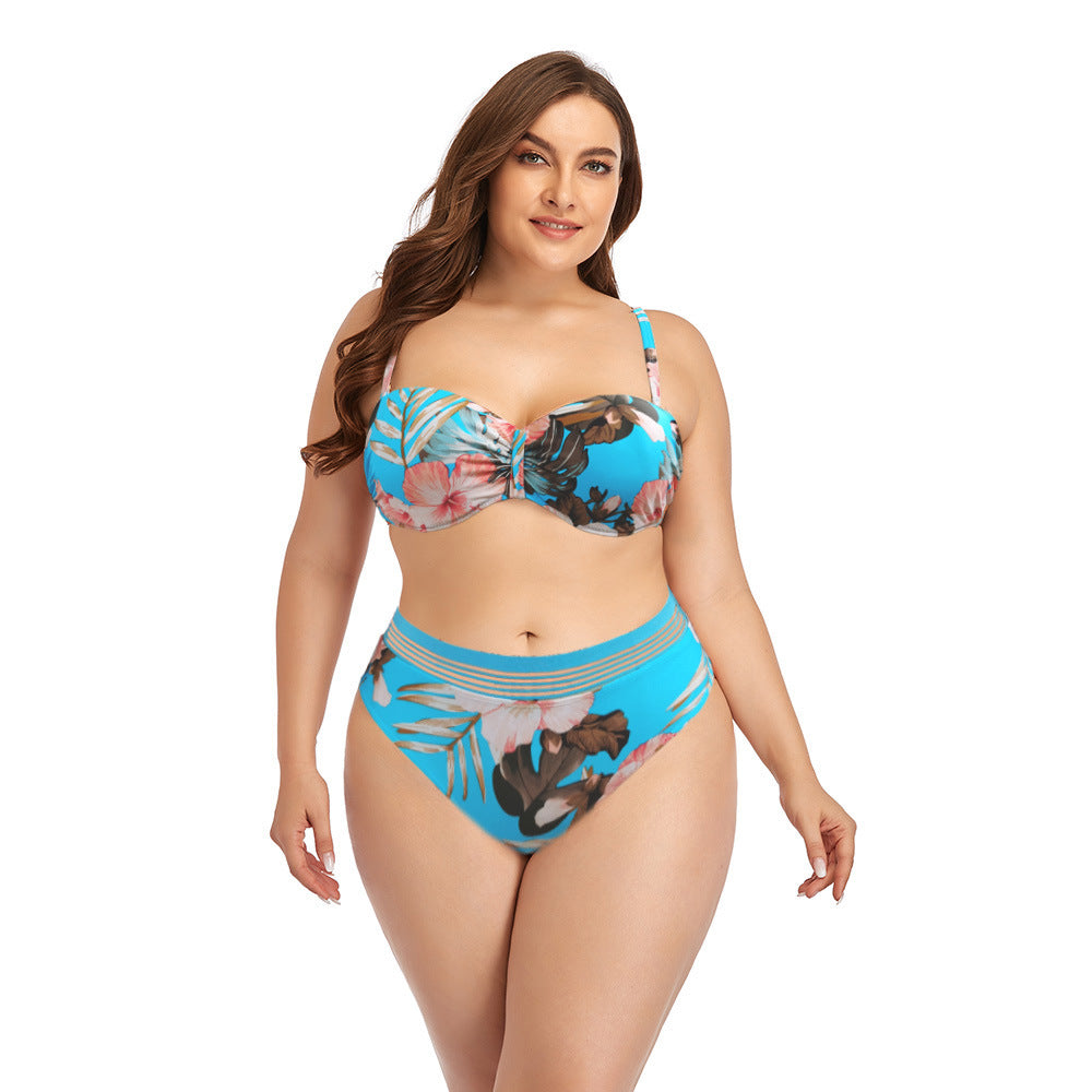 Two Pieces floral print beach swimwear Plus Size High Waisted Swimsuit