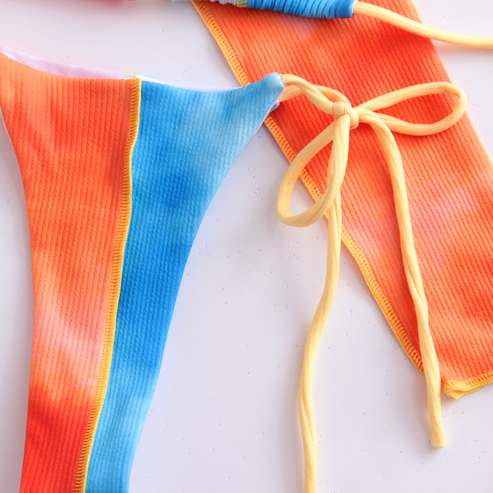 Three-piece Long-sleeved Mini Micro Bikini Split Color Stitching Strap For Women