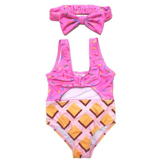 2023 Girls One Piece Swimwear Girls Pink Swimsuit With Hair Band
