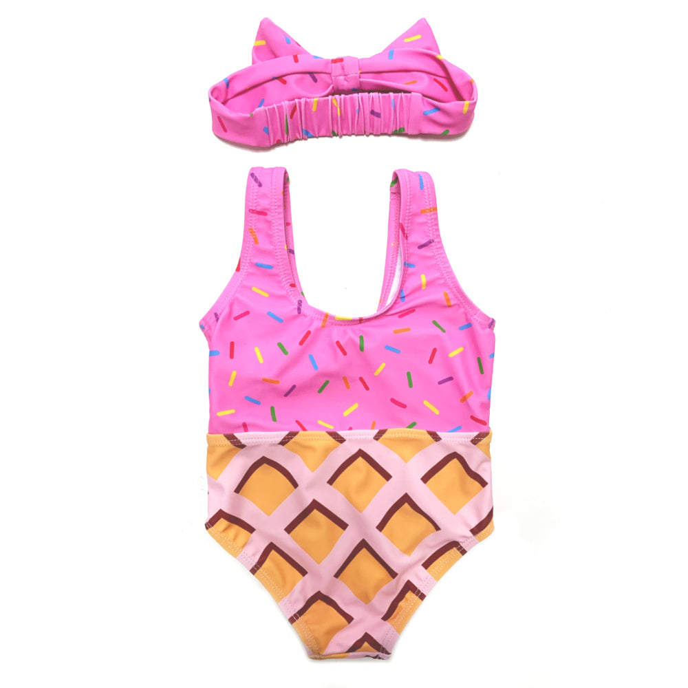 2023 Girls One Piece Swimwear Girls Pink Swimsuit With Hair Band