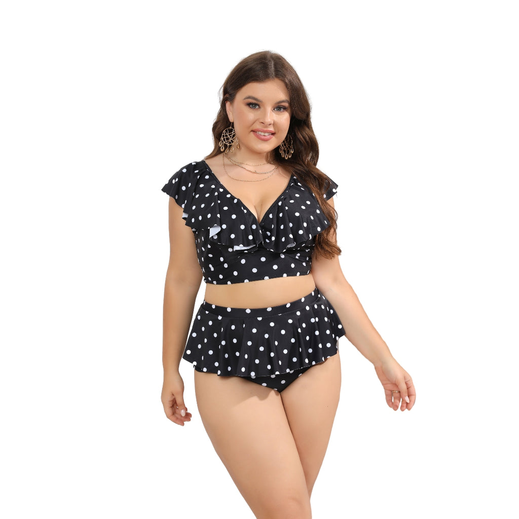 Two-piece V-Neck Ruffle Wave Point Women Plus Size Bikinis
