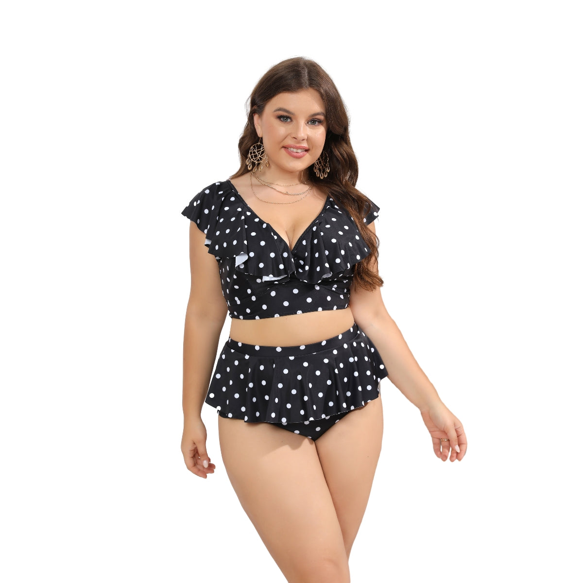 Two-piece V-Neck Ruffle Wave Point Women Plus Size Bikinis