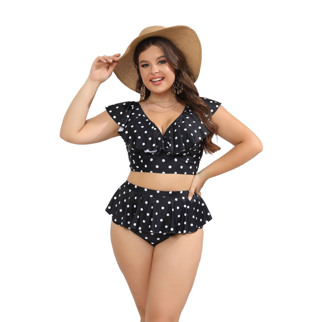 Two-piece V-Neck Ruffle Wave Point Women Plus Size Bikinis