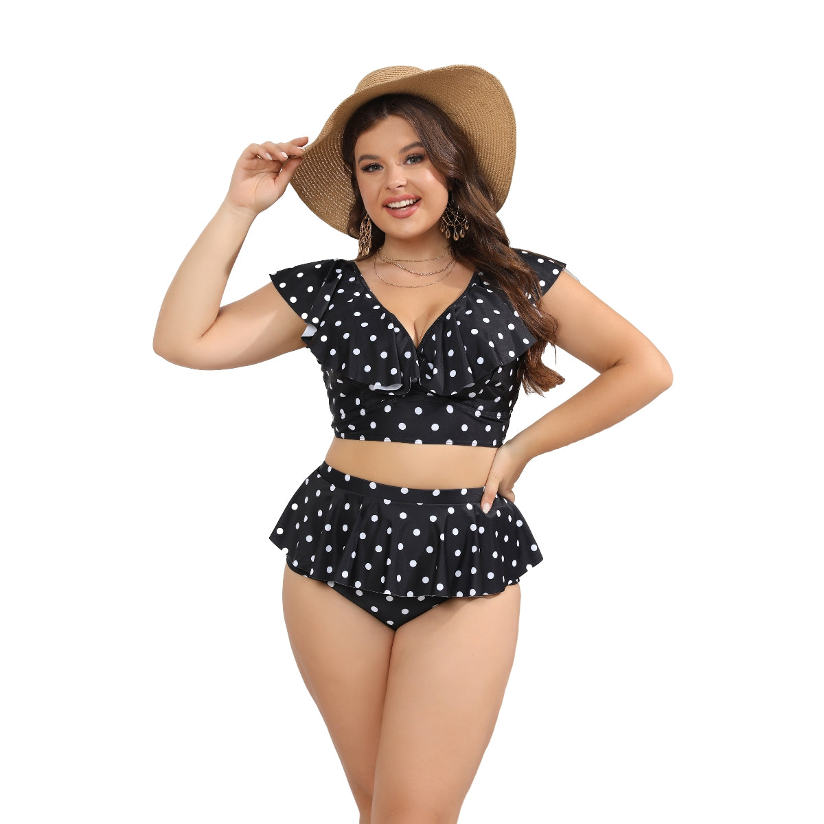 Two-piece V-Neck Ruffle Wave Point Women Plus Size Bikinis