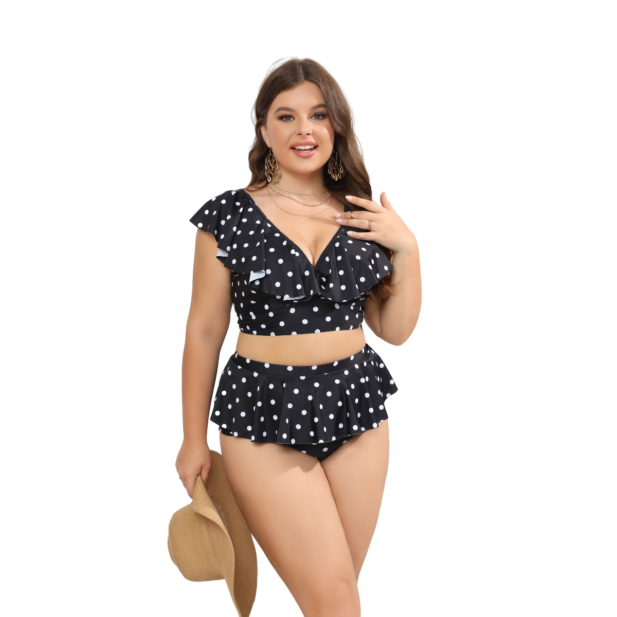 Two-piece V-Neck Ruffle Wave Point Women Plus Size Bikinis