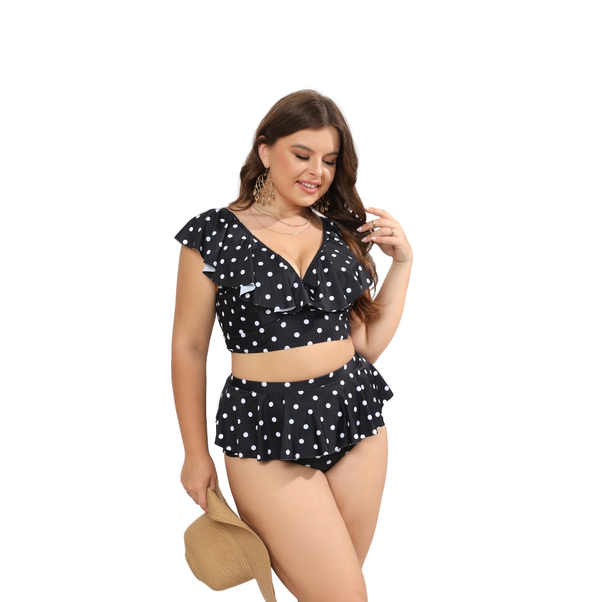 Two-piece V-Neck Ruffle Wave Point Women Plus Size Bikinis