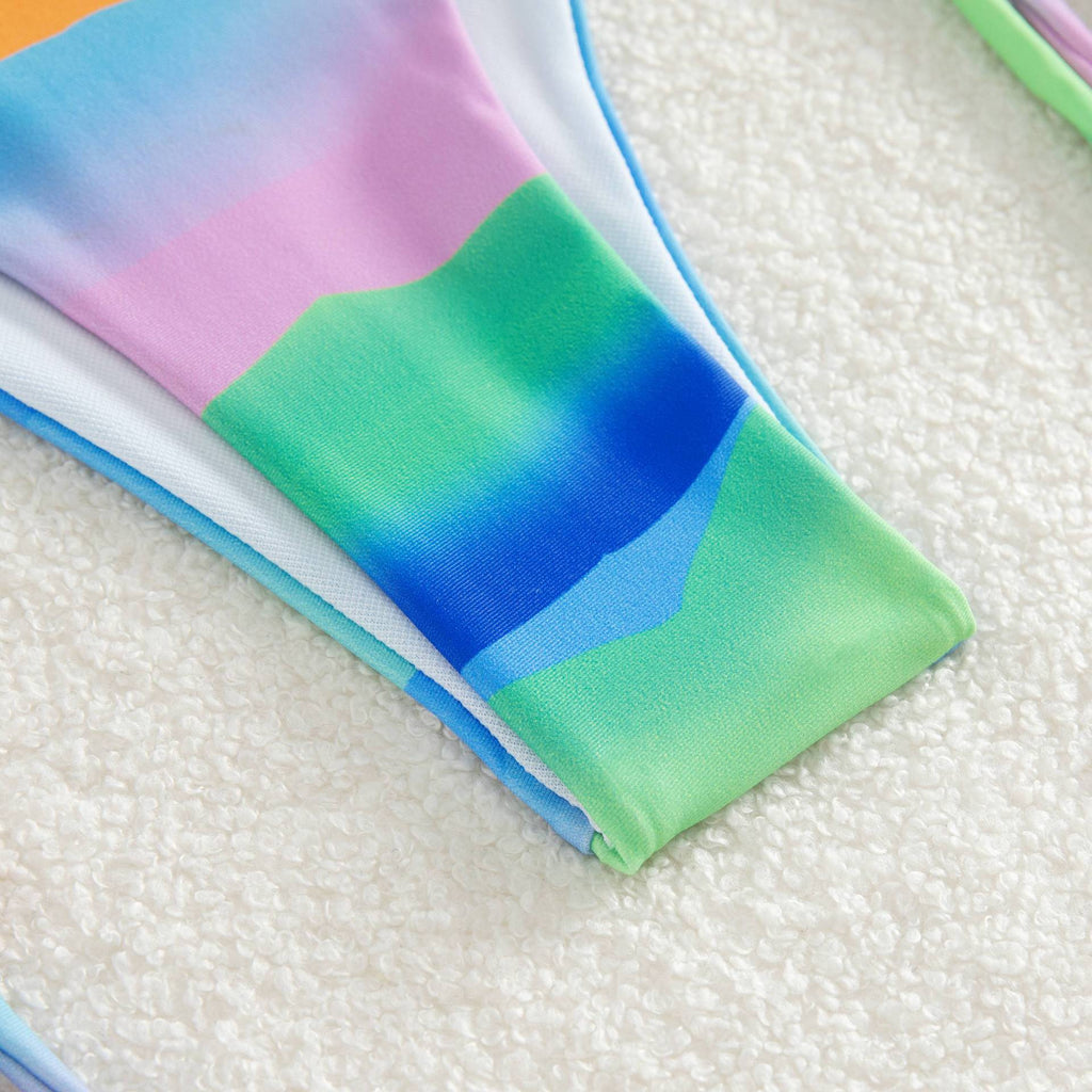 Two-Piece Sexy Print Tassels Lace Up Swimsuit