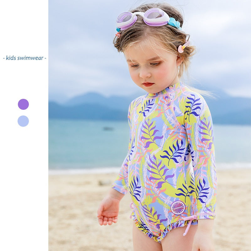 One piece girls Long-sleeved printed swimsuit