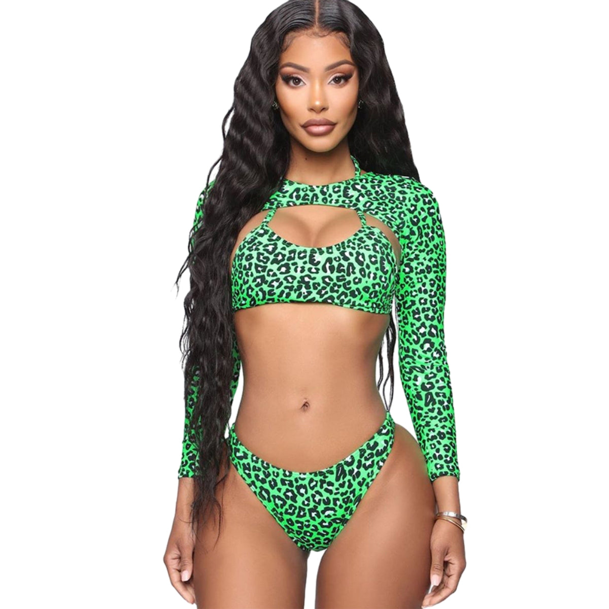 Three-piece Sexy Green Leopard Print Long-sleeved Swim Suit