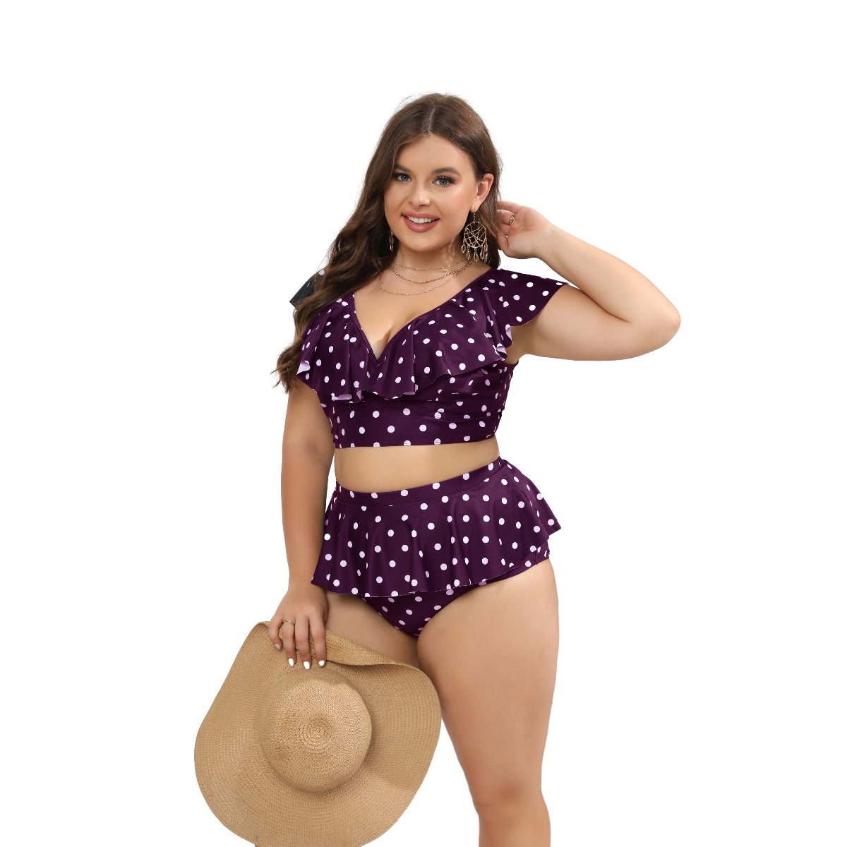 Two-piece V-Neck Ruffle Wave Point Women Plus Size Bikinis
