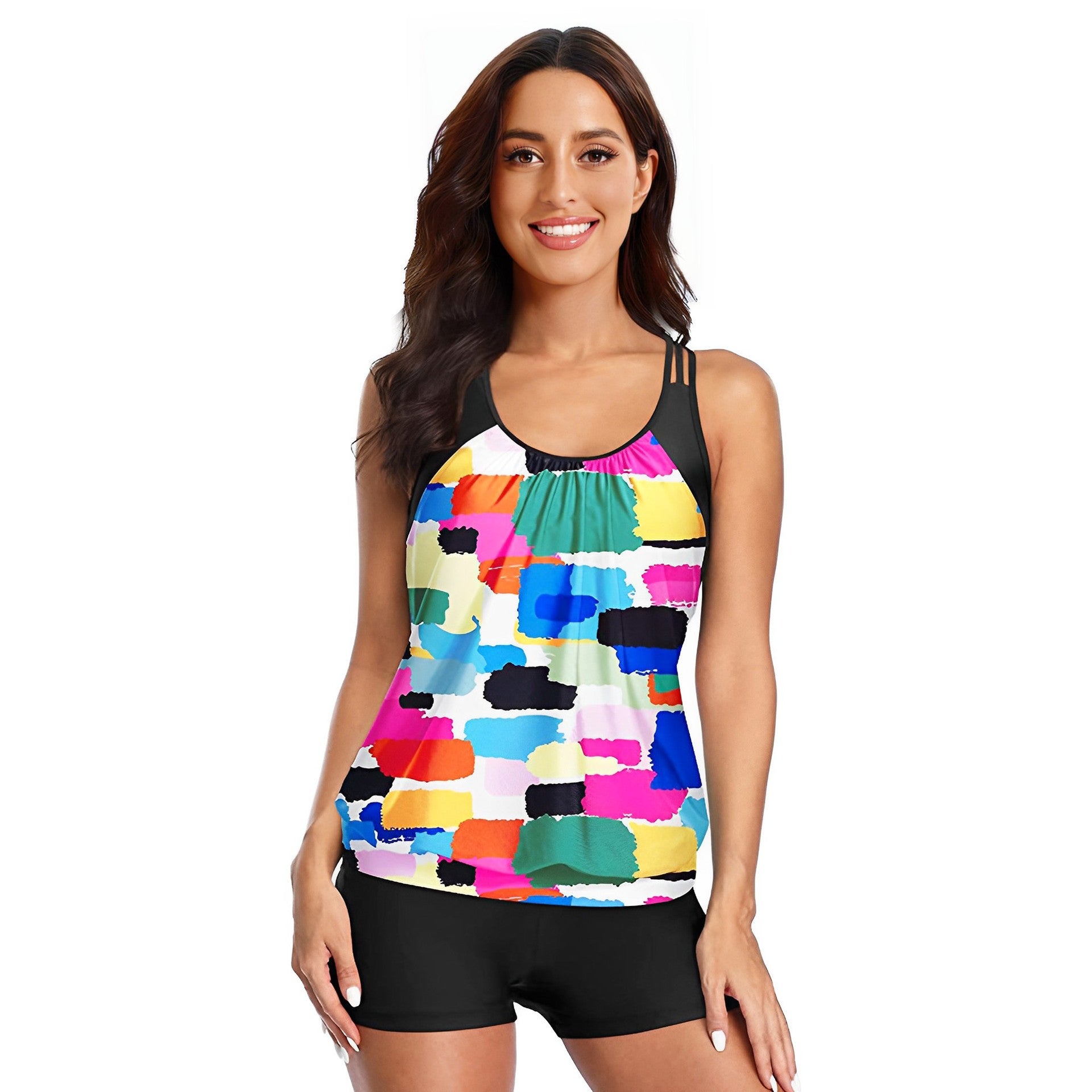 Retro Print Conservative Tankini TOP & Boxer Bottoms Set