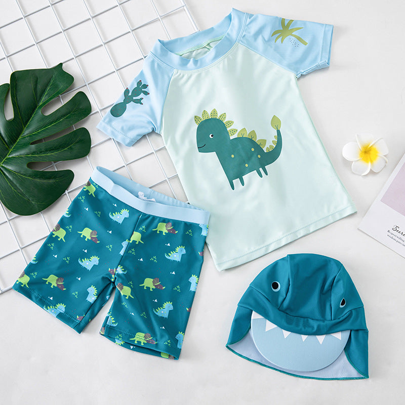 3Pc Cartoon Dinosaur Boys Swimwear Bathing Suit Set
