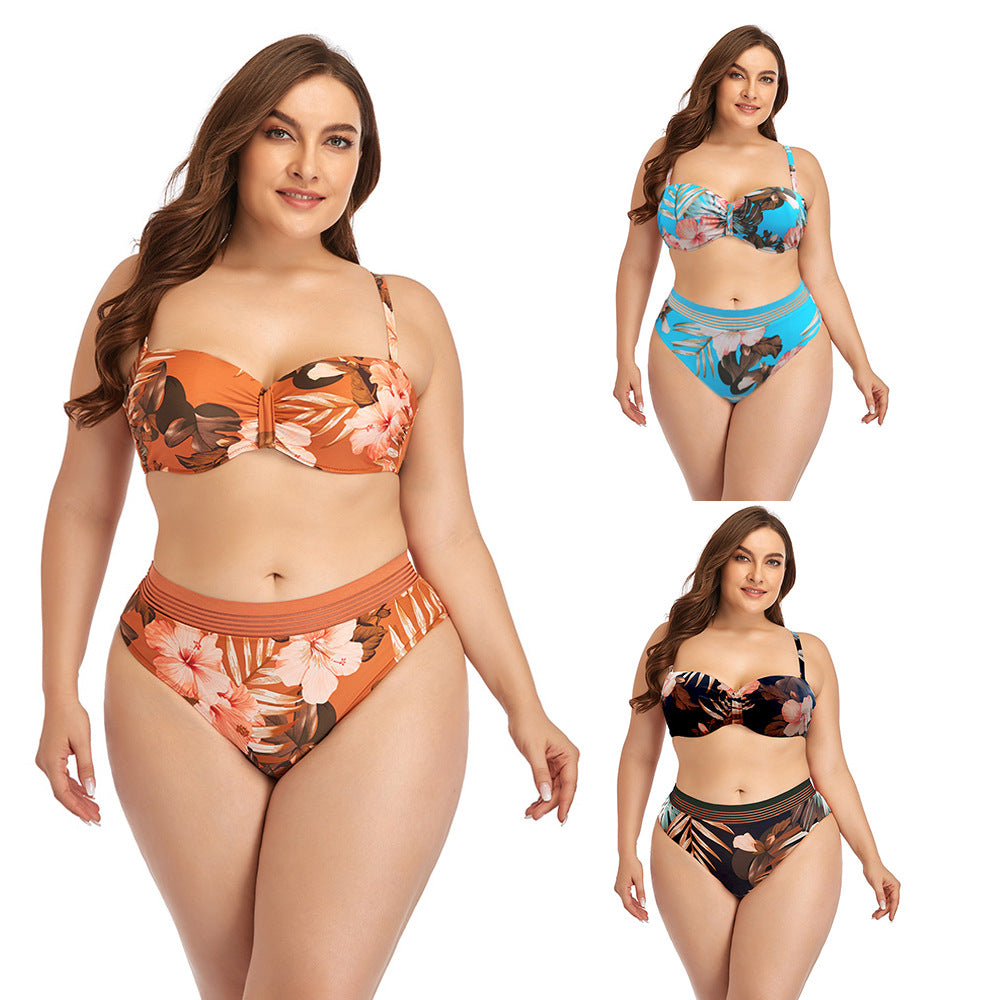 Two Pieces floral print beach swimwear Plus Size High Waisted Swimsuit