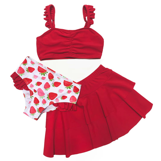 Three Pieces Red Swimming Beach Wear Swimsuit Girls Swimwear