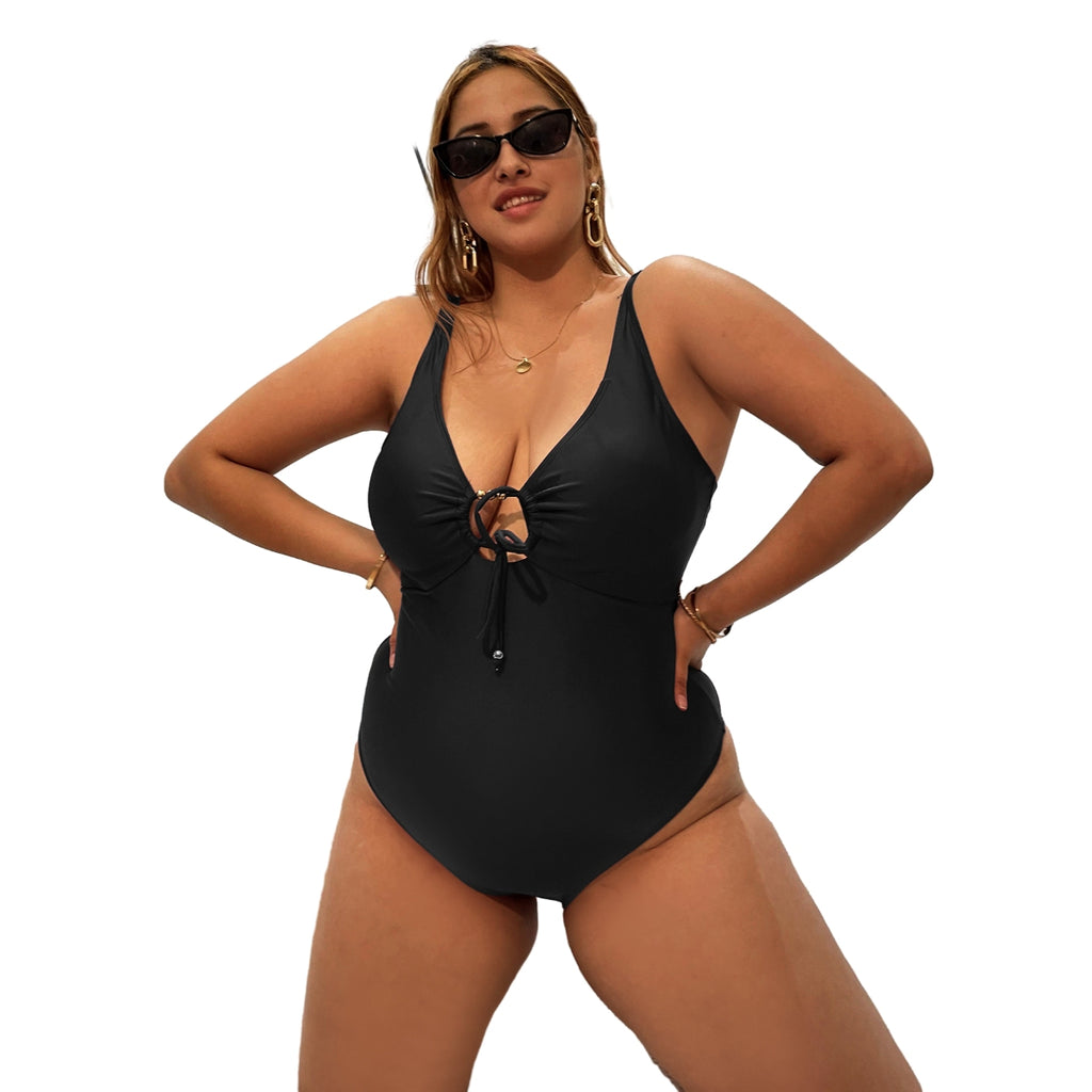 Plus Size Tie Bodysuit cutout Deep V Swimwear