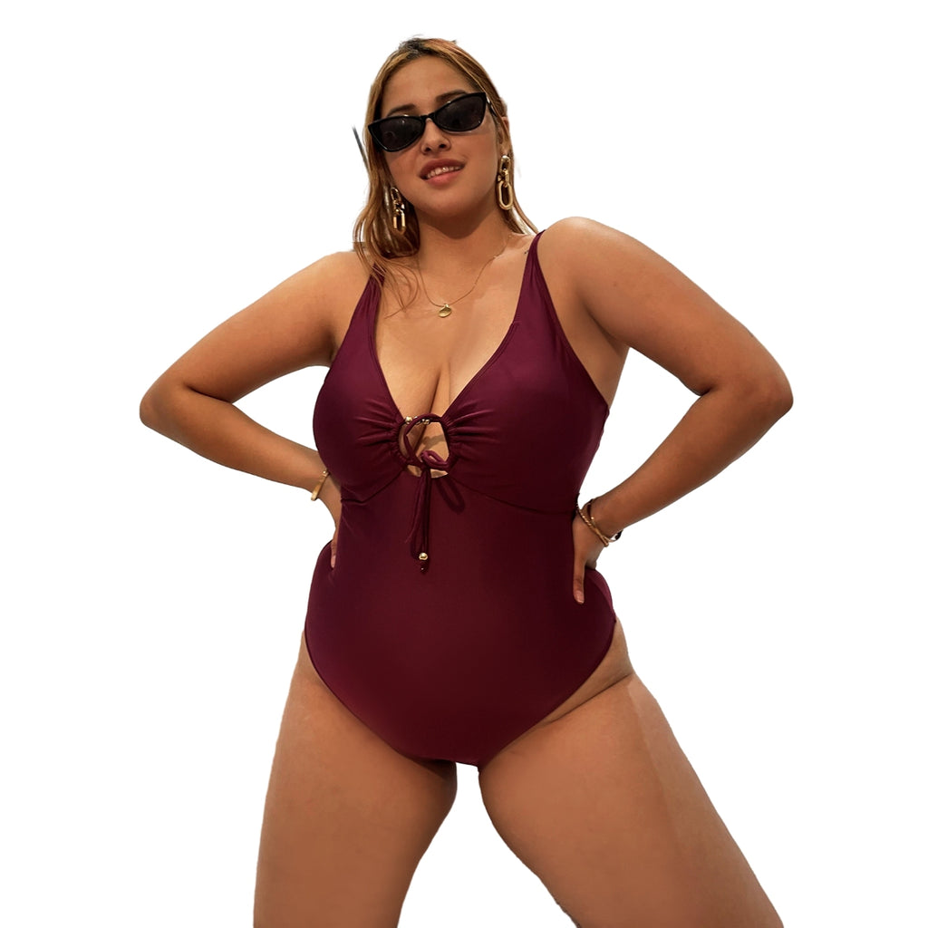 Plus Size Tie Bodysuit cutout Deep V Swimwear