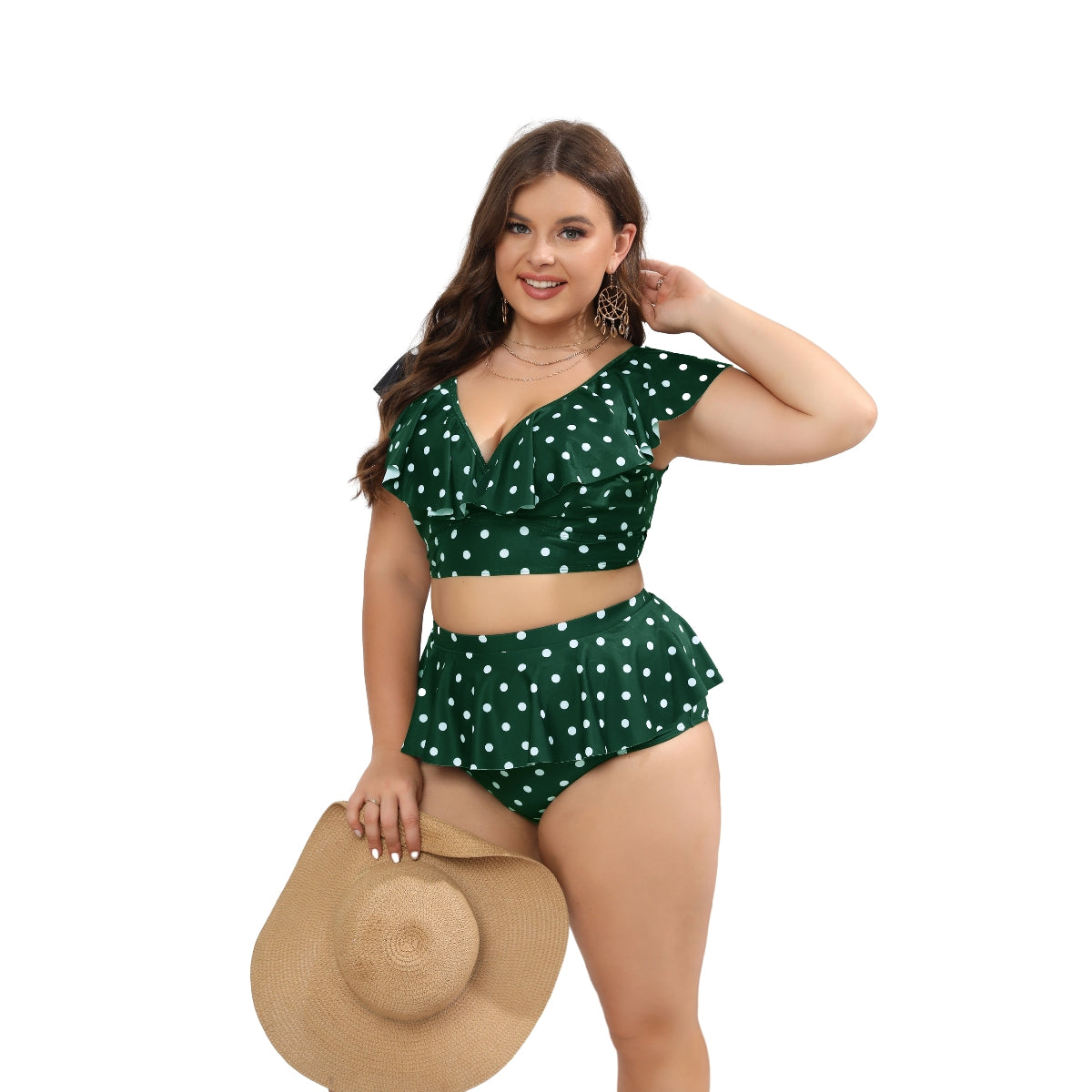 Two-piece V-Neck Ruffle Wave Point Women Plus Size Bikinis