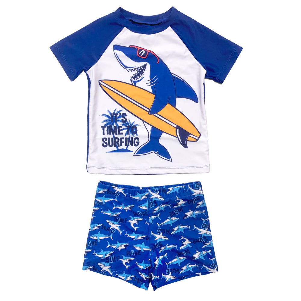 Boys Swim Wear Custom Kids Cartoon Swimsuit Short Sleeve Rash Vest Two Piece Set of Beach Wear Swimwear With Shark Print