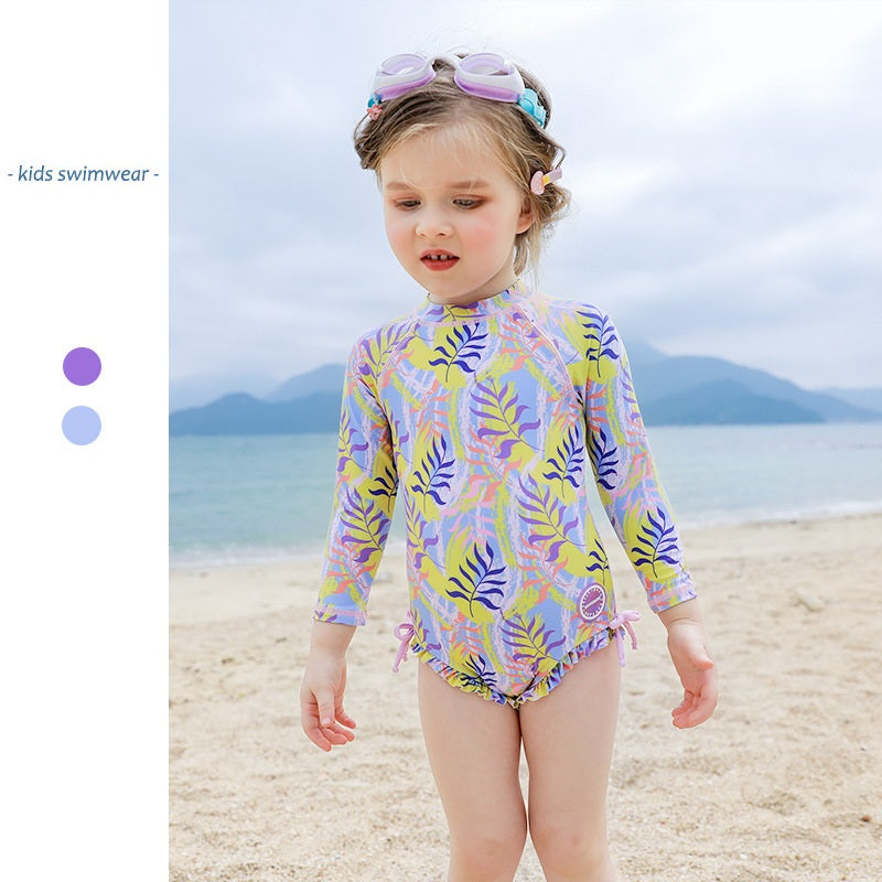 One piece girls Long-sleeved printed swimsuit
