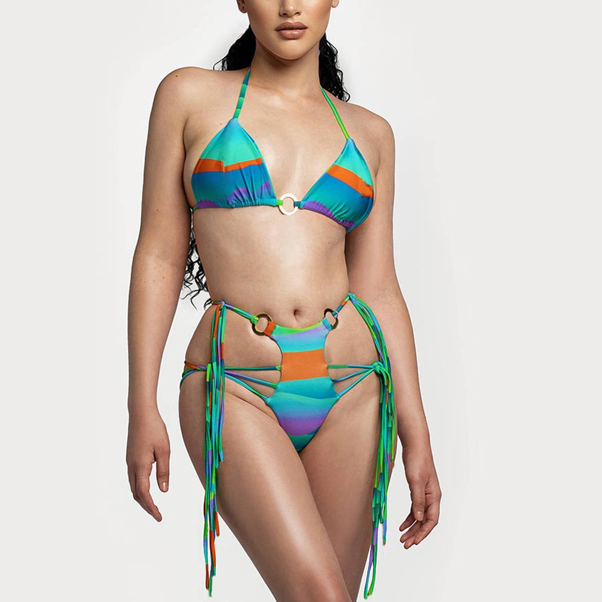 Two-Piece Sexy Print Tassels Lace Up Swimsuit