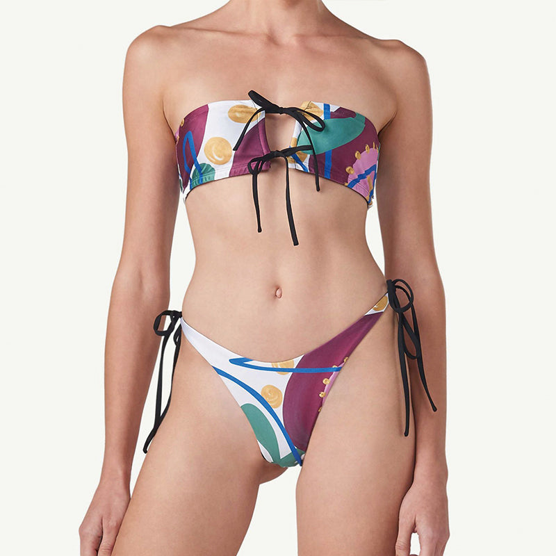 2 Pieces Bandeau Bikini Set Strapless Print Women Swimwear