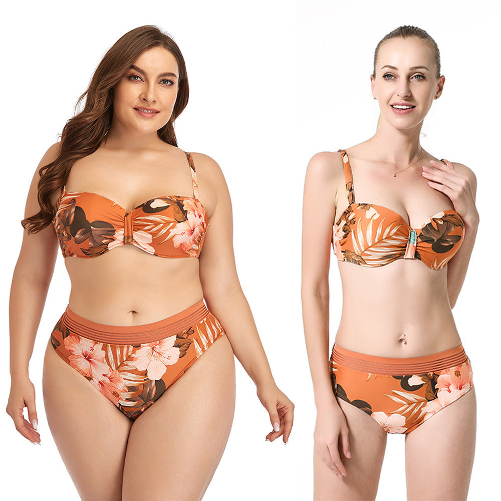 Two Pieces floral print beach swimwear Plus Size High Waisted Swimsuit
