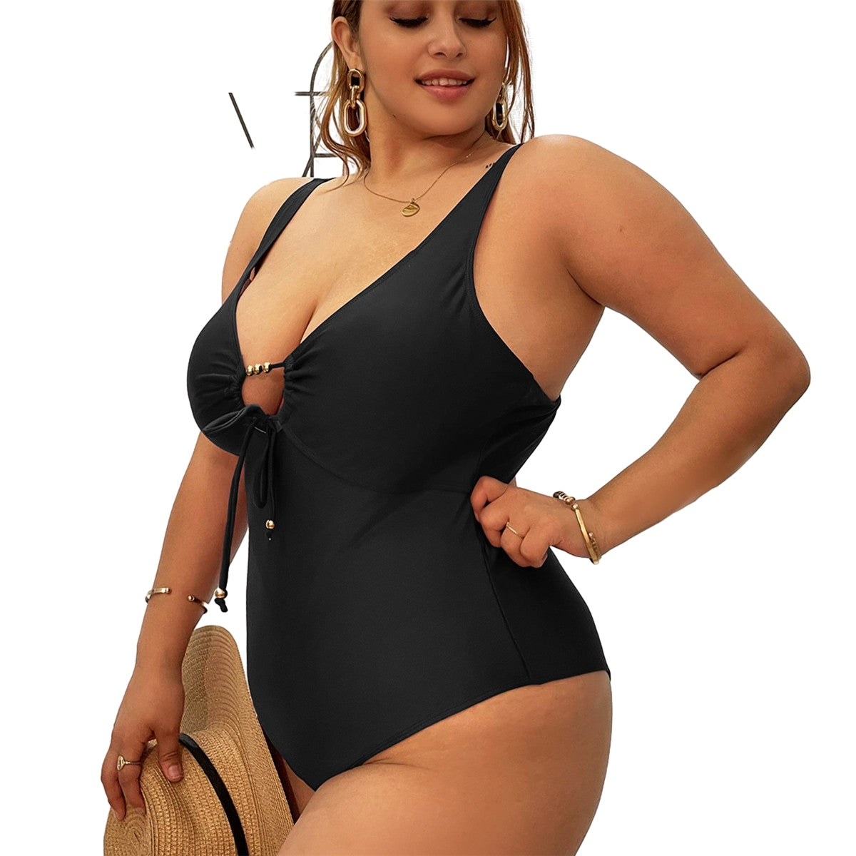 Plus Size Tie Bodysuit cutout Deep V Swimwear