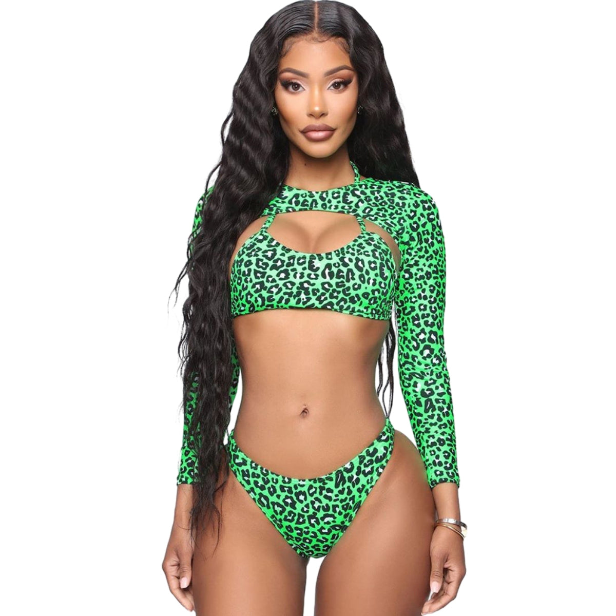 Three-piece Sexy Green Leopard Print Long-sleeved Swim Suit