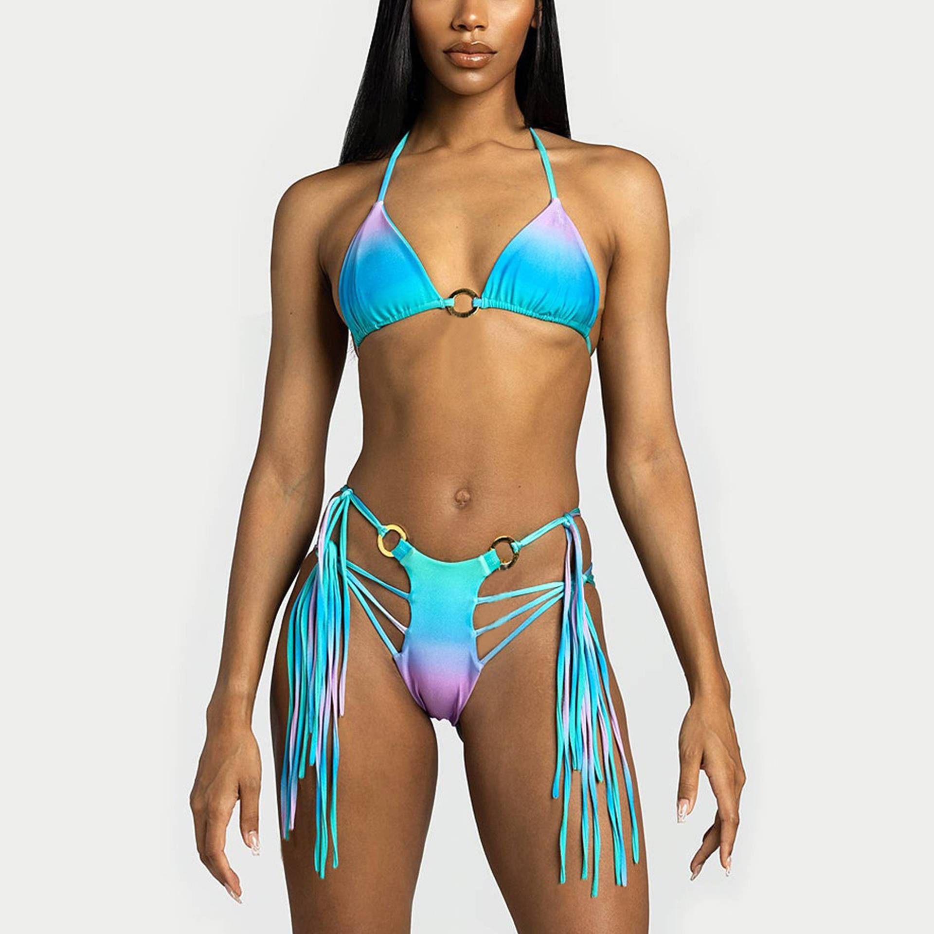 Two-Piece Sexy Print Tassels Lace Up Swimsuit
