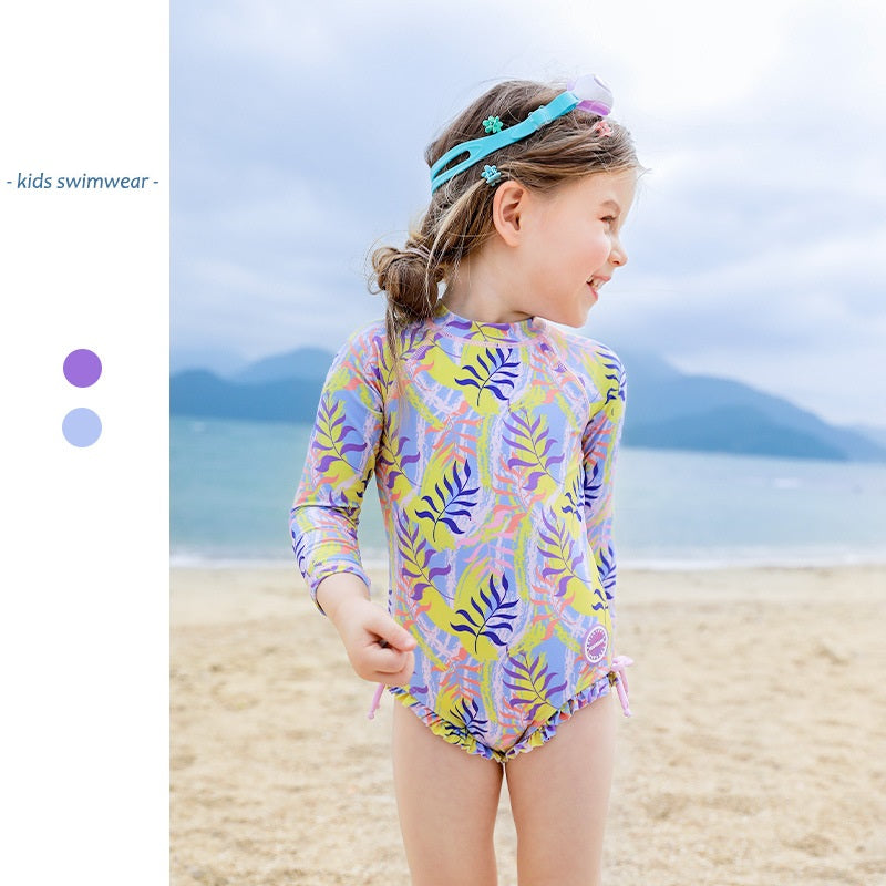 One piece girls Long-sleeved printed swimsuit