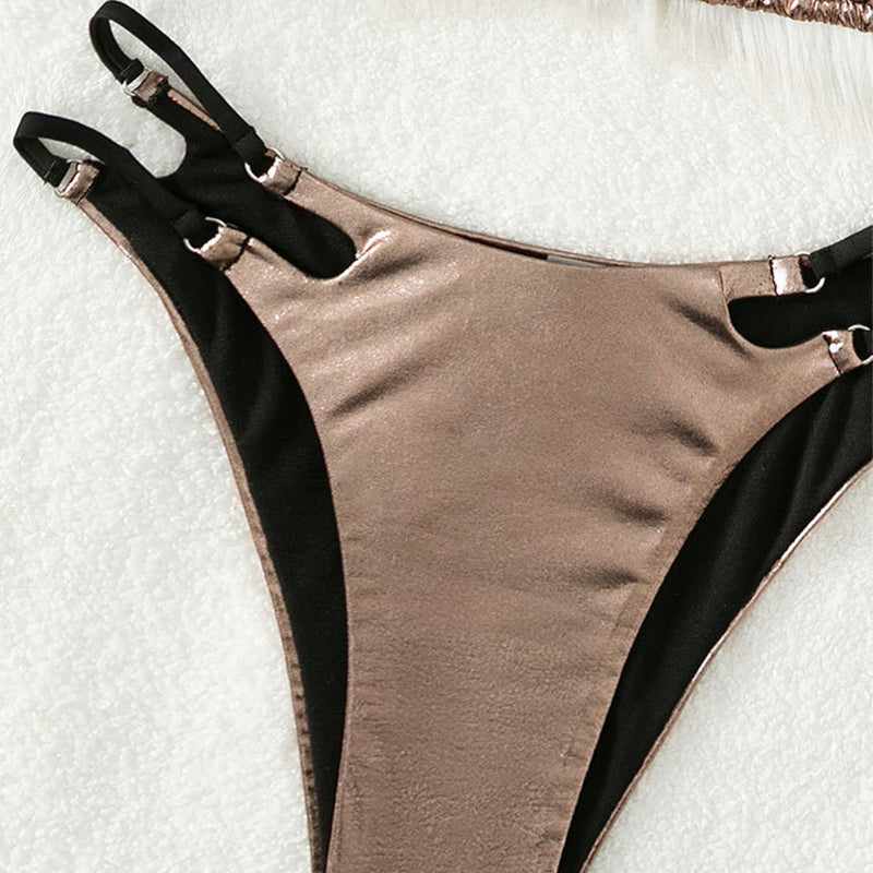 PU Leather Strappy V-Neck Top & Cutout Bikini Set
