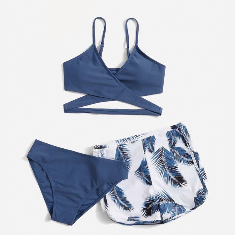 Three pieces swimsuit for teen girls with swim trunk