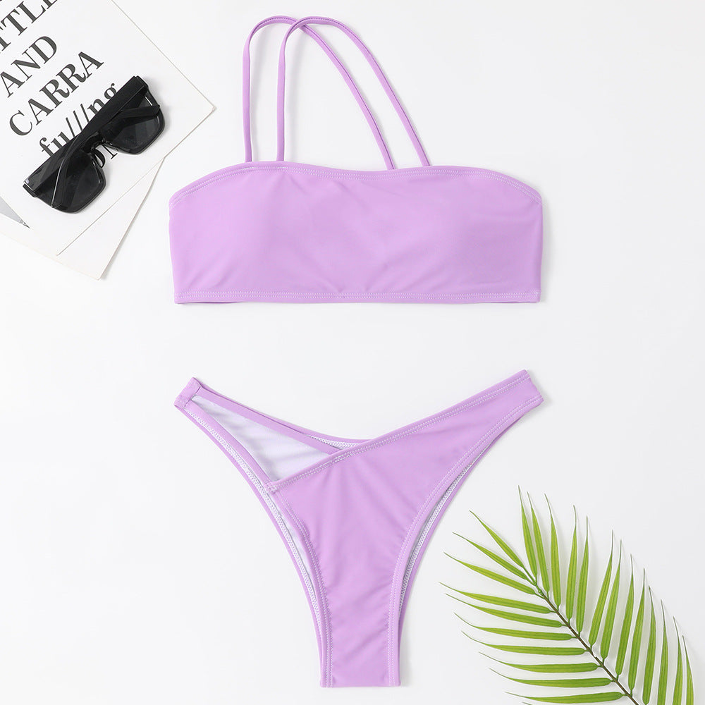 Women One Shoulder Swimwear Two Pieces Solid Color Bikini Set