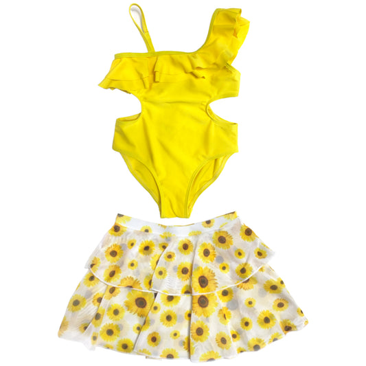 Girls Two Pieces SwimWear With Cover Up Kids Floral Swim Suit Yellow Sunflower Beach Wear
